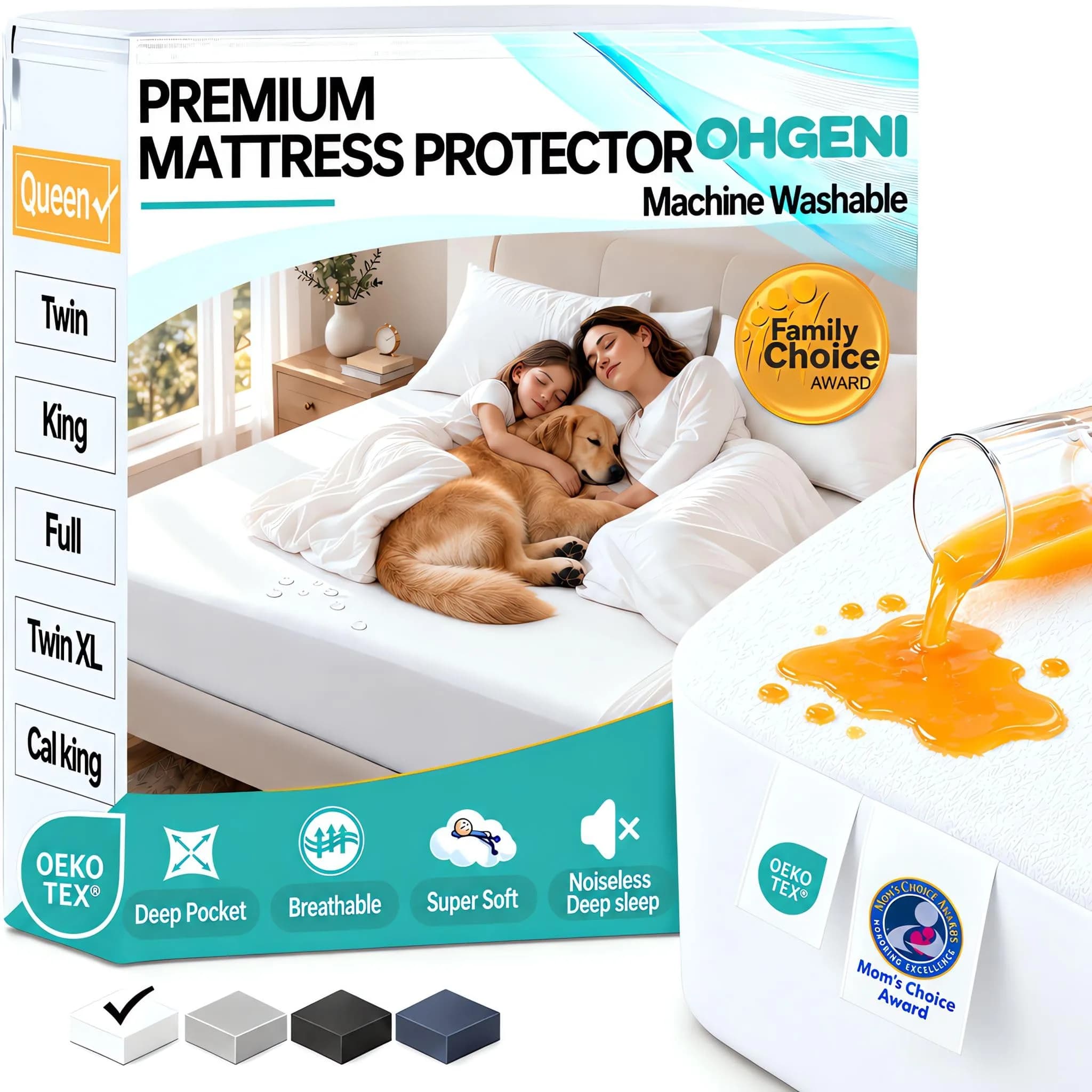 OhGeni Waterproof Mattress Protector Twin Size | Deep Pocket 6"-18" Breathable & Noiseless — White / Queen