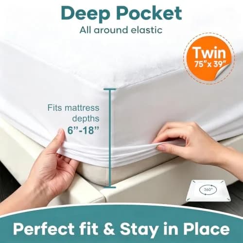 OhGeni Waterproof Mattress Protector Twin Size | Deep Pocket 6"-18" Breathable & Noiseless thumbnail 4