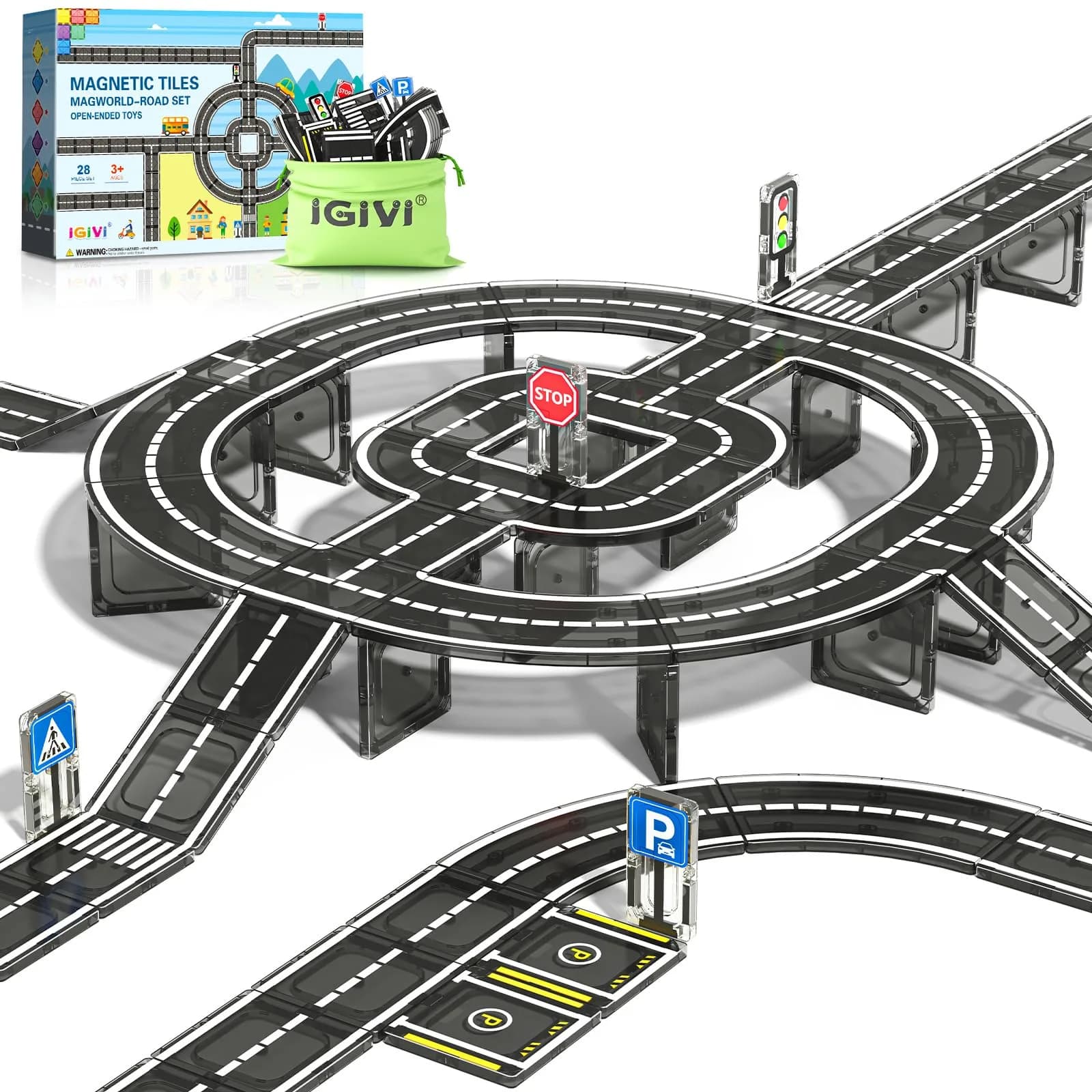 IGIVI Magnetic Tiles Road Set, 45° Curve Road Expansion, Magnetic Building Blocks for Kids 3+ | Creative Montessori Toy