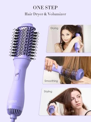 LANDOT One-Step Hair Dryer Brush Volumizer Styler 15.2 cm (60MM) Oval Barrel Purple | Salon Smooth Blowouts Fast thumbnail 4