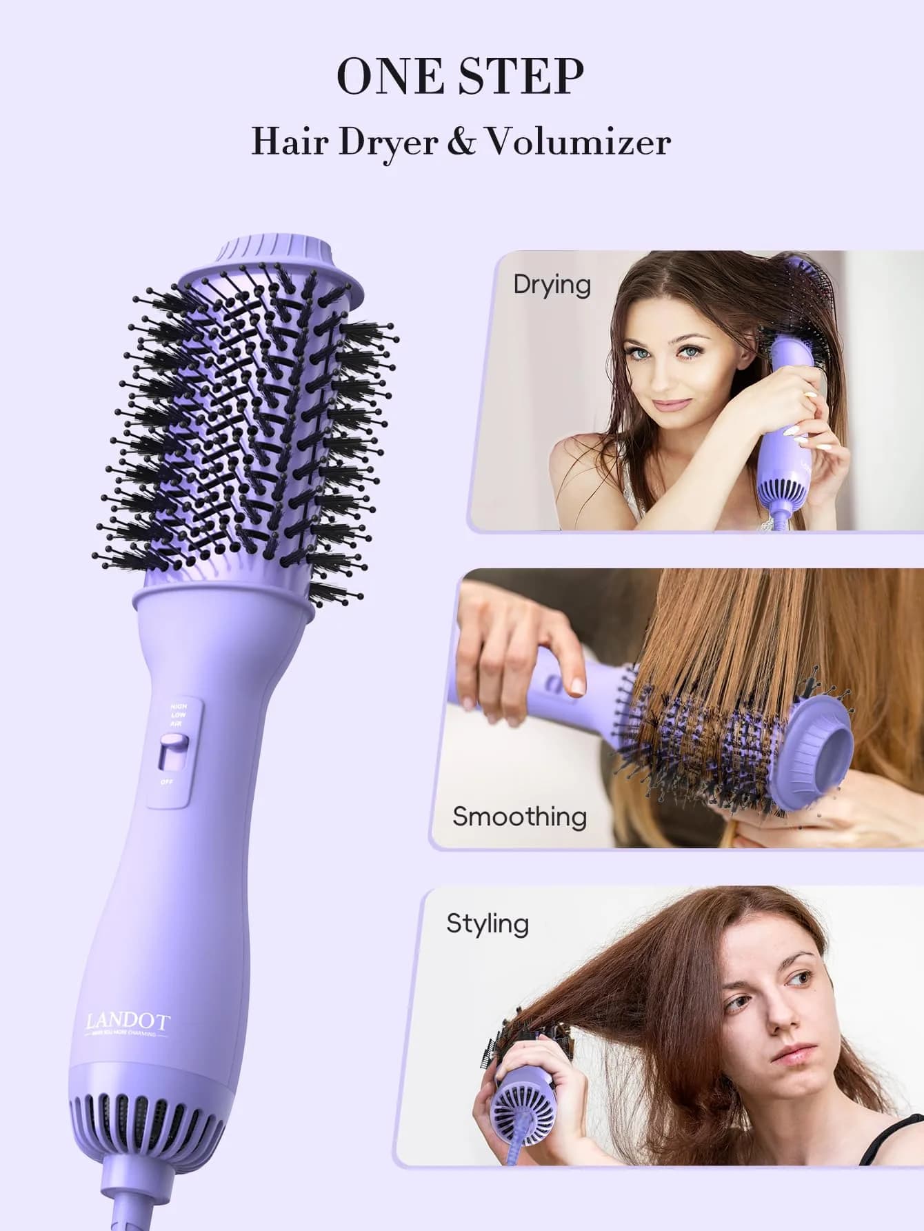 LANDOT One-Step Hair Dryer Brush Volumizer Styler 15.2 cm (60MM) Oval Barrel Purple | Salon Smooth Blowouts Fast - view 4