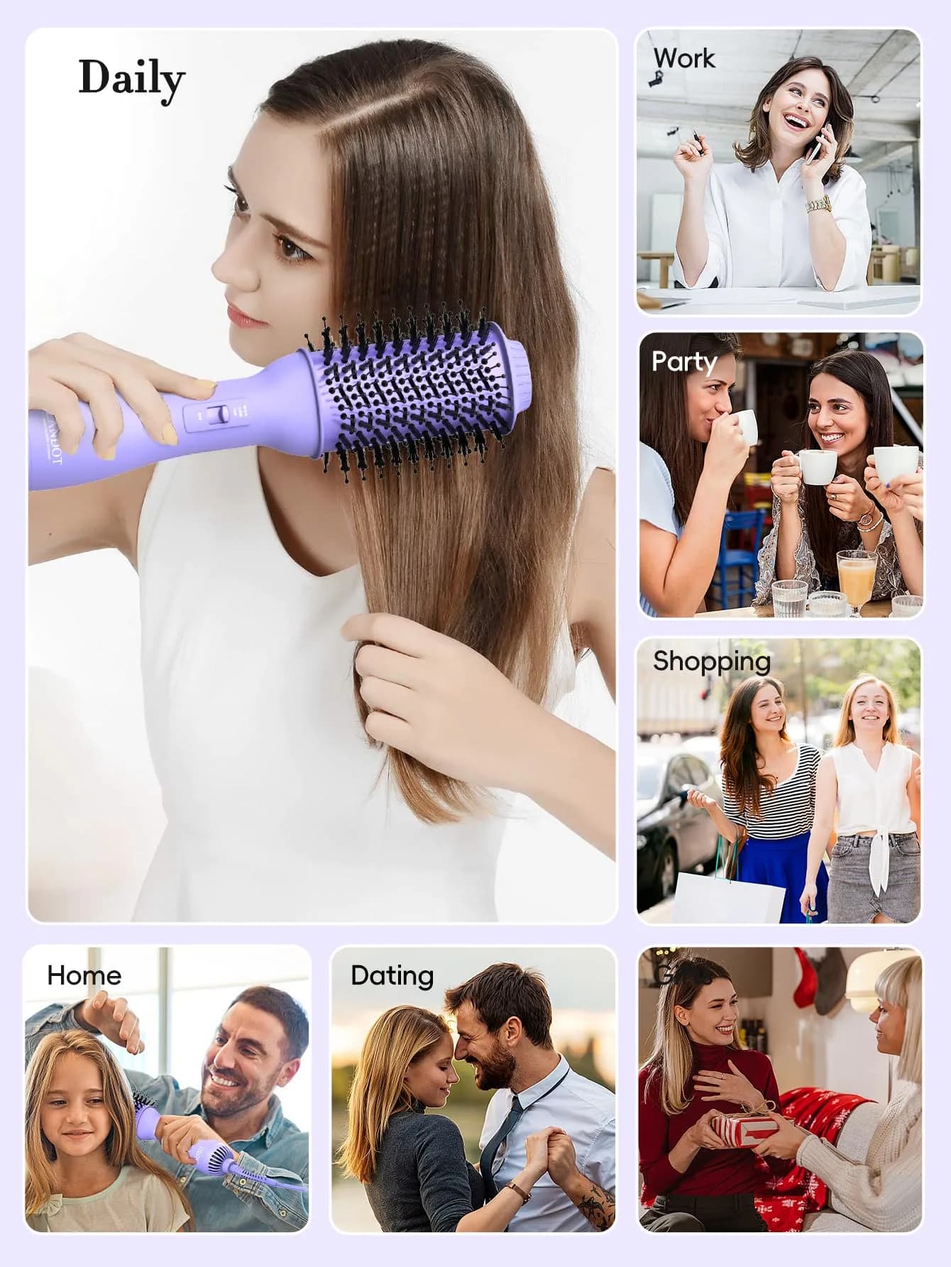 LANDOT One-Step Hair Dryer Brush Volumizer Styler 15.2 cm (60MM) Oval Barrel Purple | Salon Smooth Blowouts Fast - view 5