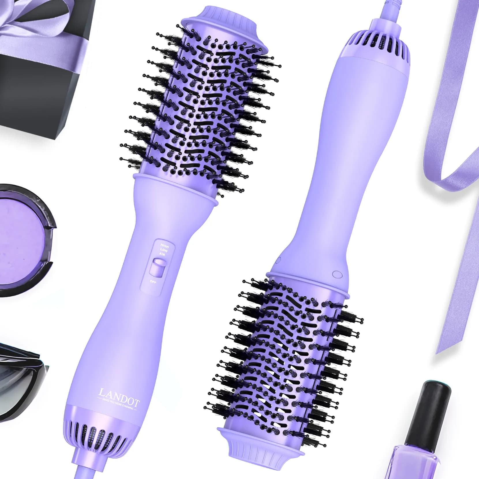 LANDOT One-Step Hair Dryer Brush Volumizer Styler 15.2 cm (60MM) Oval Barrel Purple | Salon Smooth Blowouts Fast - main product image