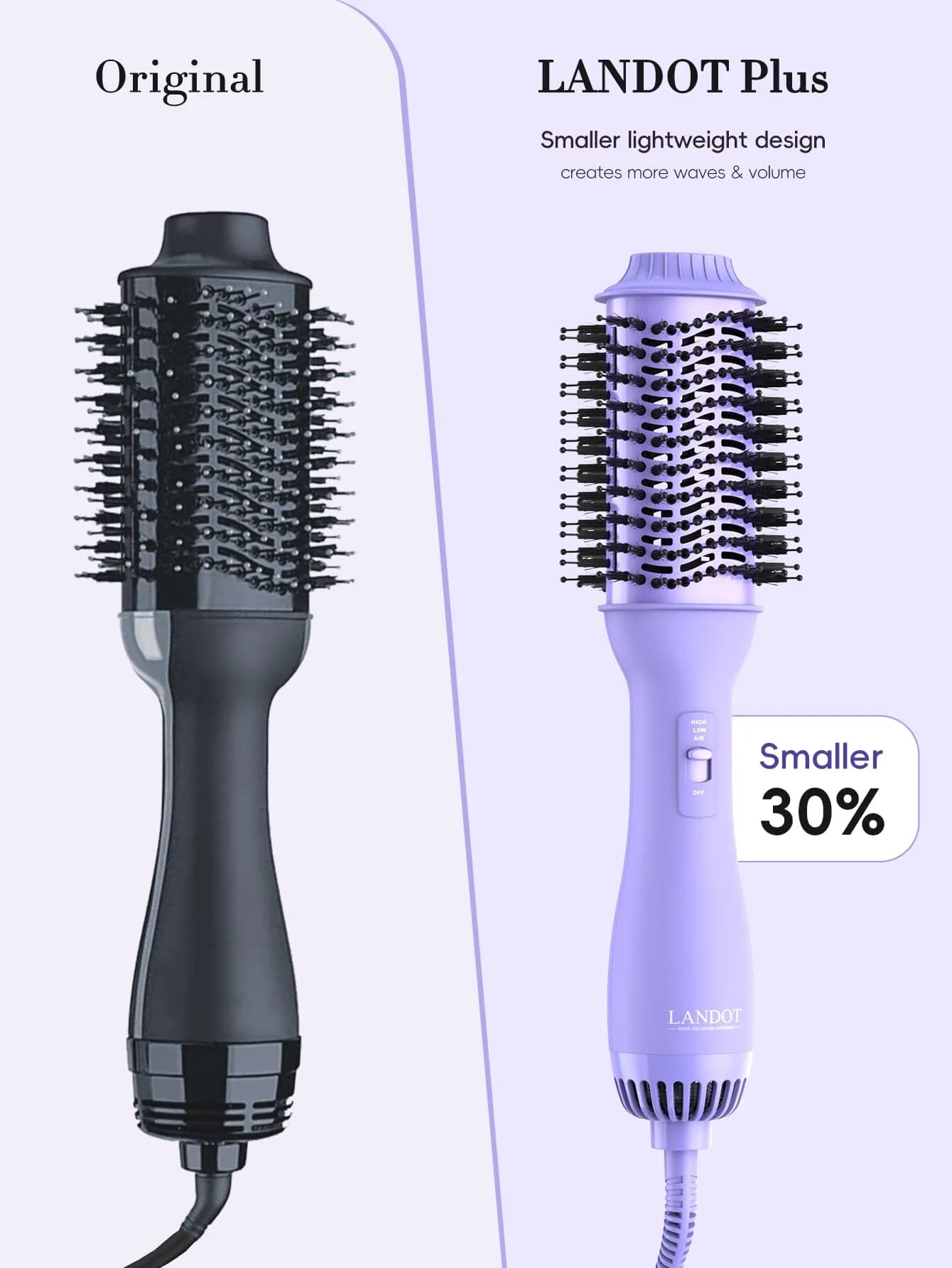 LANDOT One-Step Hair Dryer Brush Volumizer Styler 15.2 cm (60MM) Oval Barrel Purple | Salon Smooth Blowouts Fast - view 7