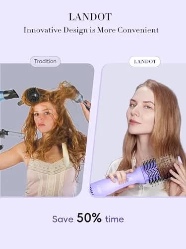 LANDOT One-Step Hair Dryer Brush Volumizer Styler 15.2 cm (60MM) Oval Barrel Purple | Salon Smooth Blowouts Fast thumbnail 2