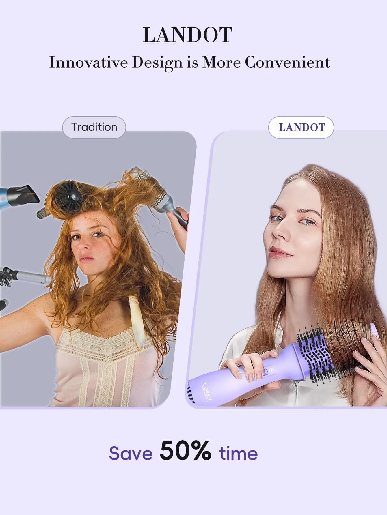 LANDOT One-Step Hair Dryer Brush Volumizer Styler 15.2 cm (60MM) Oval Barrel Purple | Salon Smooth Blowouts Fast - view 2