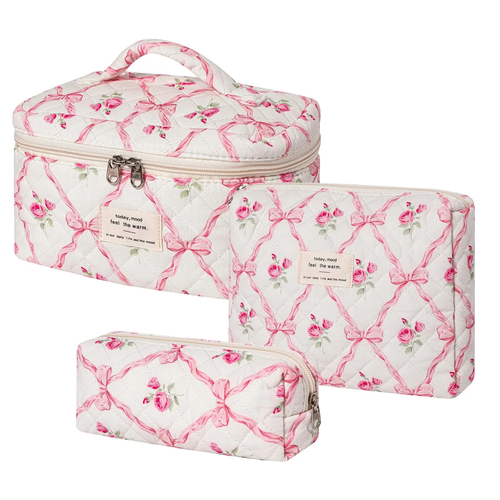 uekeboag 3Pcs Quilted Cotton Makeup Bag | Floral Coquette Travel Cosmetic Bags for Women & Girls — 3Pcs Pink Bow