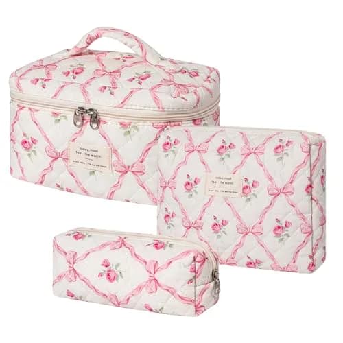 uekeboag 3Pcs Quilted Cotton Makeup Bag | Floral Coquette Travel Cosmetic Bags for Women & Girls thumbnail 1