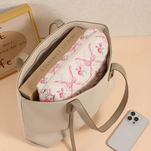 uekeboag 3Pcs Quilted Cotton Makeup Bag | Floral Coquette Travel Cosmetic Bags for Women & Girls thumbnail 4
