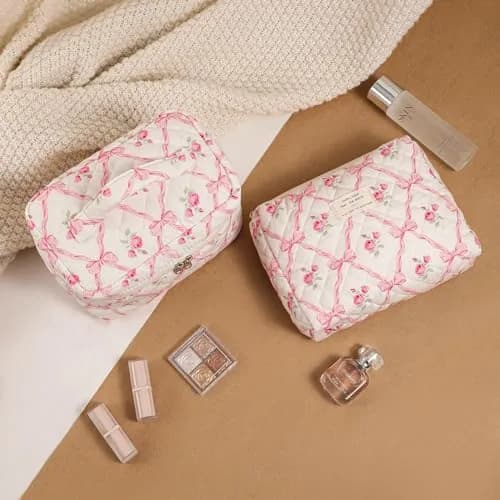 uekeboag 3Pcs Quilted Cotton Makeup Bag | Floral Coquette Travel Cosmetic Bags for Women & Girls thumbnail 5