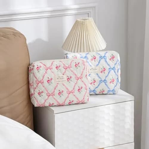 uekeboag 3Pcs Quilted Cotton Makeup Bag | Floral Coquette Travel Cosmetic Bags for Women & Girls thumbnail 6