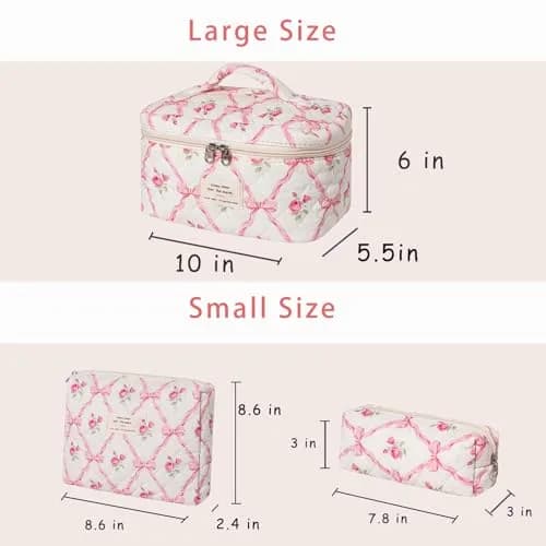 uekeboag 3Pcs Quilted Cotton Makeup Bag | Floral Coquette Travel Cosmetic Bags for Women & Girls thumbnail 2