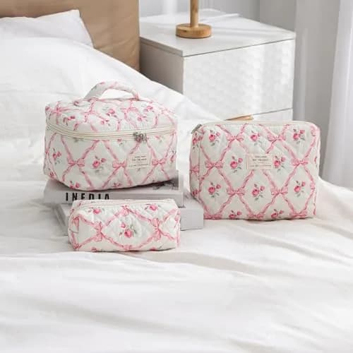 uekeboag 3Pcs Quilted Cotton Makeup Bag | Floral Coquette Travel Cosmetic Bags for Women & Girls thumbnail 3