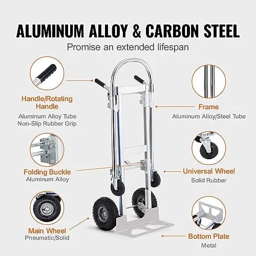 VEVOR Aluminum Truck 2 in 1 | Heavy Duty Industrial Folding Hand Truck & Dolly, 800 lbs Load thumbnail 4