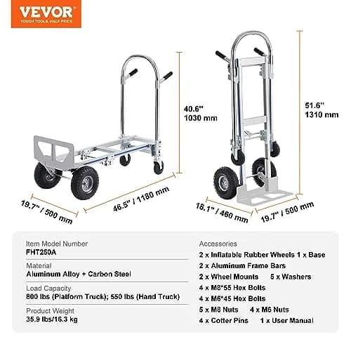 VEVOR Aluminum Truck 2 in 1 | Heavy Duty Industrial Folding Hand Truck & Dolly, 800 lbs Load thumbnail 7