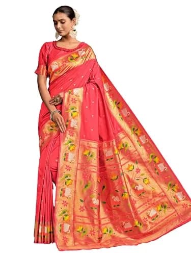 EthnicJunction Pure Silk Paithani Saree Gajari | Woven Design, 5.5m, One Size thumbnail 1