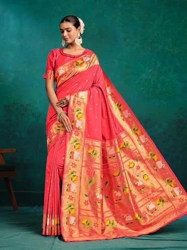 EthnicJunction Pure Silk Paithani Saree Gajari | Woven Design, 5.5m, One Size thumbnail 4