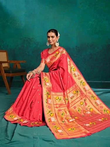 EthnicJunction Pure Silk Paithani Saree Gajari | Woven Design, 5.5m, One Size thumbnail 3