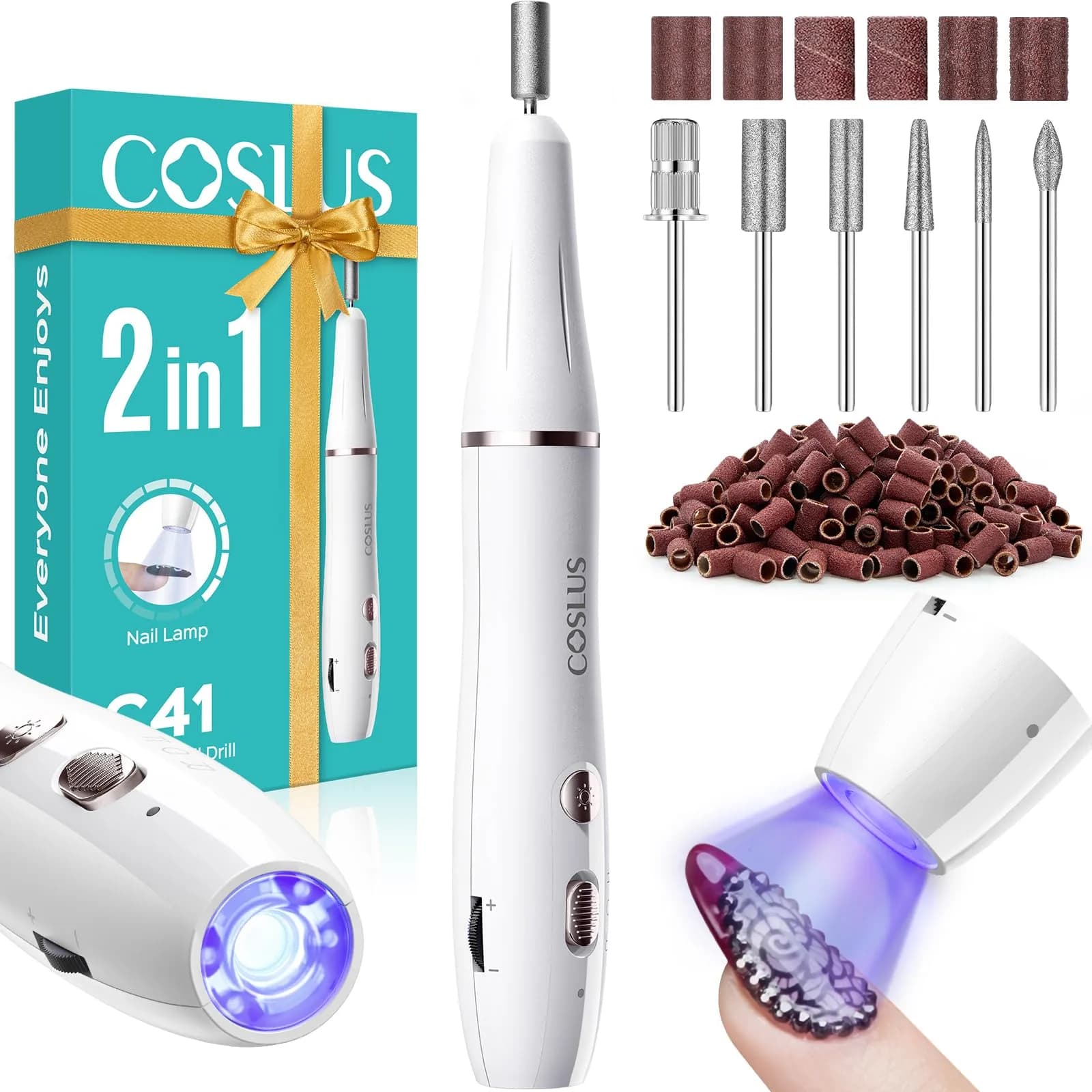 COSLUS C41 Cordless Nail Drill with Flash Cure Lamp - Light White | 2-in-1 Electric Nail File & Curing Lamp - main product image