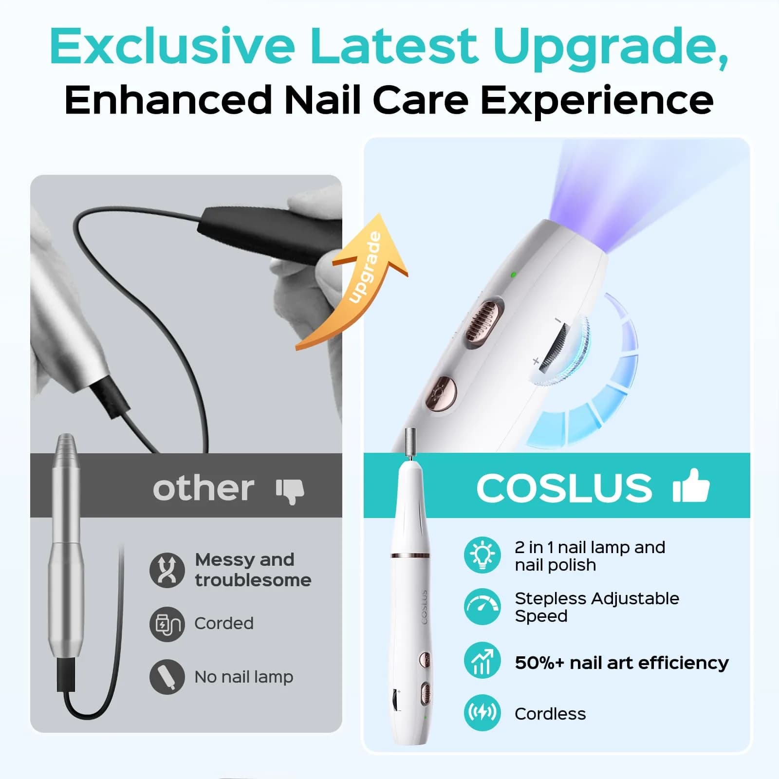 COSLUS C41 Cordless Nail Drill with Flash Cure Lamp - Light White | 2-in-1 Electric Nail File & Curing Lamp - view 3