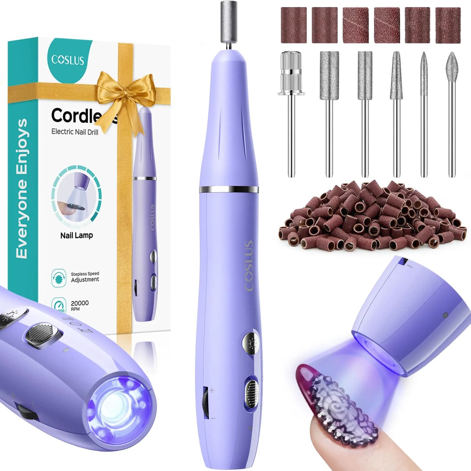 COSLUS C41 Cordless Nail Drill with Flash Cure Lamp, Purple, 2-in-1 Electric Nail File & Curing Lamp — Purple