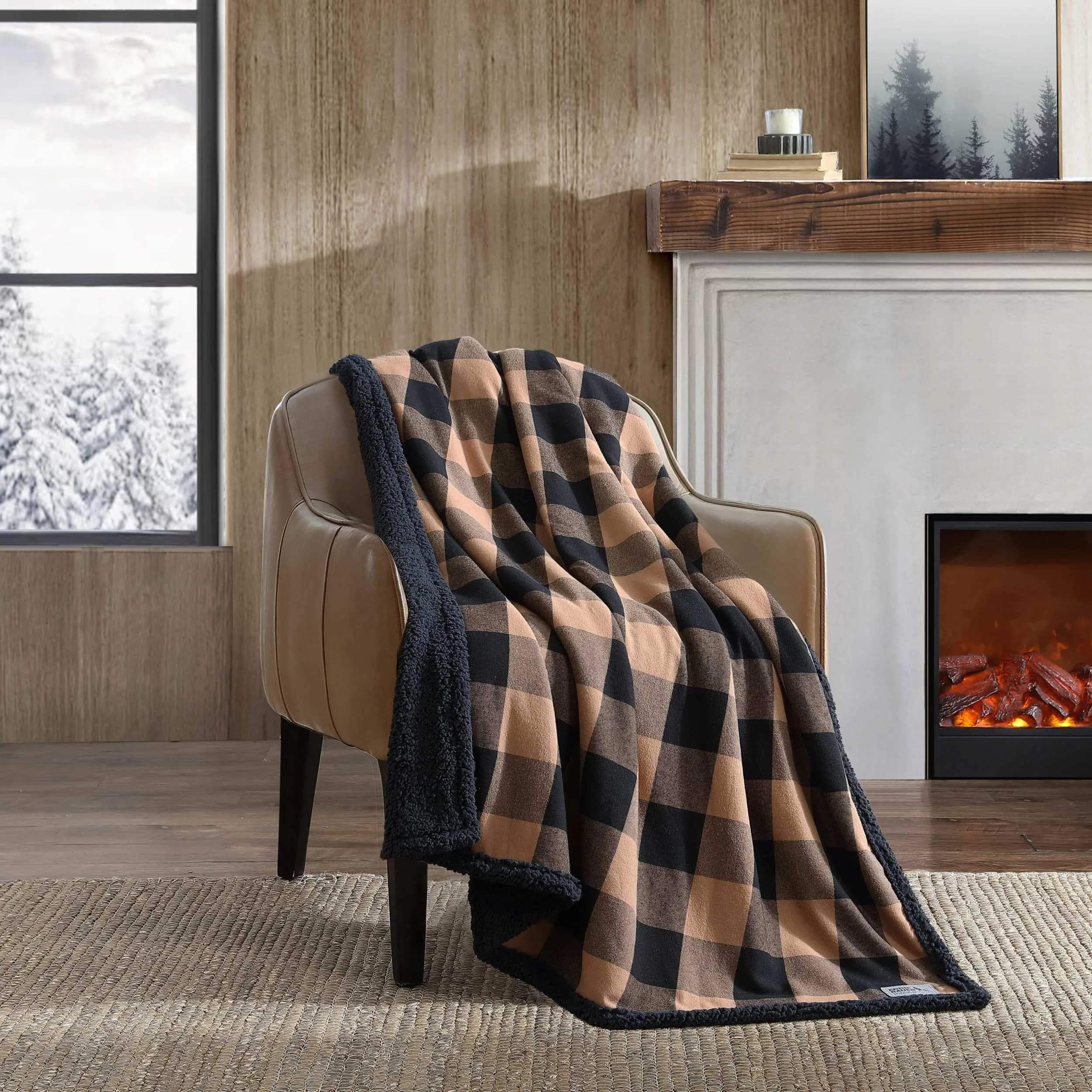 Eddie Bauer Brushed Fleece & Plush Sherpa Throw Blanket 127cm x 152cm (50" x 60") | Cozy Cabin Plaid Beige for Couch & Bed - main product image