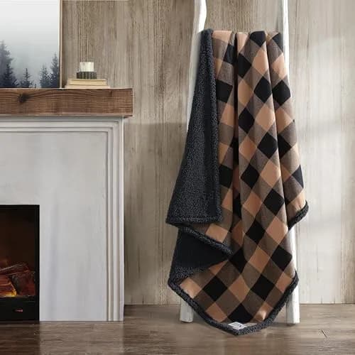 Eddie Bauer Brushed Fleece & Plush Sherpa Throw Blanket 127cm x 152cm (50" x 60") | Cozy Cabin Plaid Beige for Couch & Bed thumbnail 4