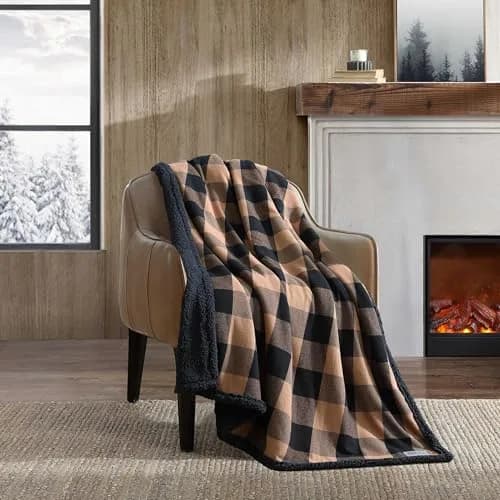 Eddie Bauer Brushed Fleece & Plush Sherpa Throw Blanket 127cm x 152cm (50" x 60") | Cozy Cabin Plaid Beige for Couch & Bed thumbnail 1