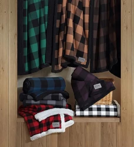 Eddie Bauer Brushed Fleece & Plush Sherpa Throw Blanket 127cm x 152cm (50" x 60") | Cozy Cabin Plaid Beige for Couch & Bed thumbnail 3