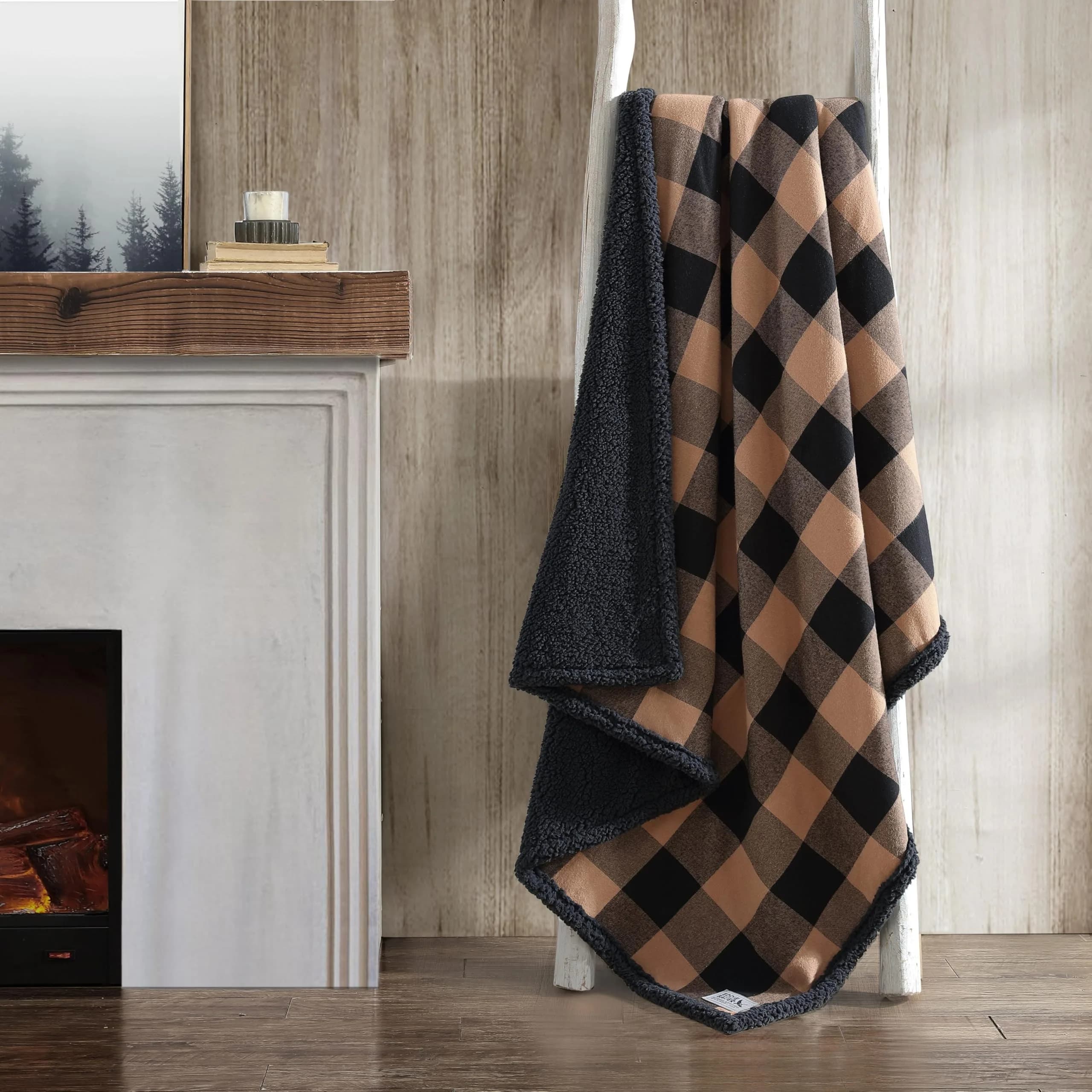 Eddie Bauer Brushed Fleece & Plush Sherpa Throw Blanket 127cm x 152cm (50" x 60") | Cozy Cabin Plaid Beige for Couch & Bed - view 4