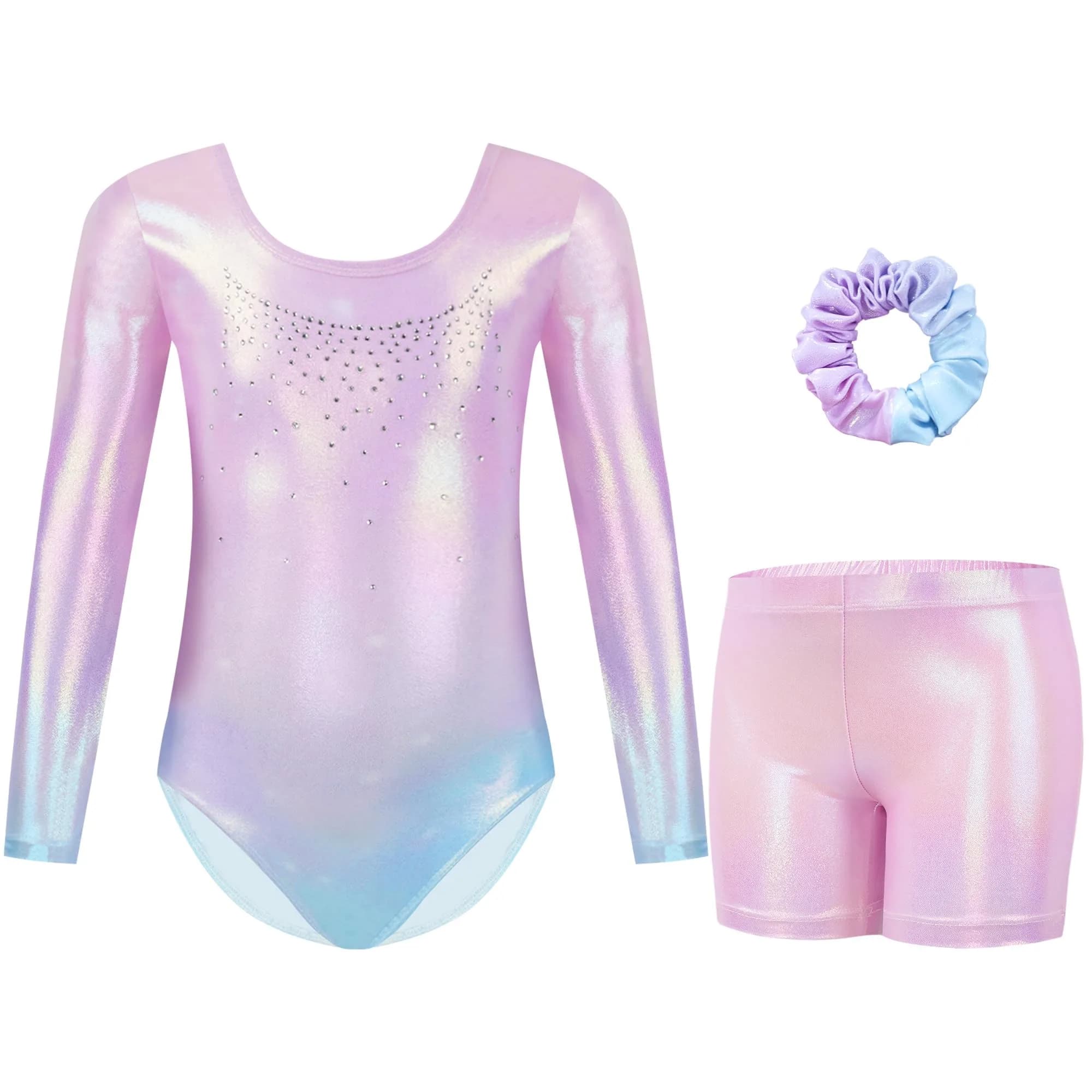 Gogokids Girls Long Sleeve 3 Pcs Gymnastics Leotard Set with Shorts | Sparkling Rhinestones, Breathable Polyester & Spandex, Age 3-12 — C-pink