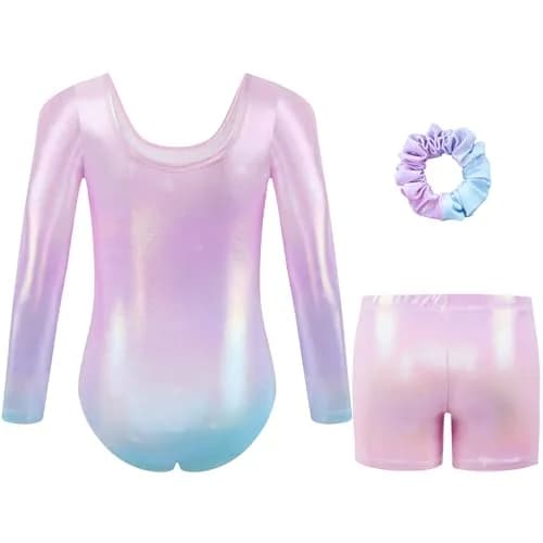 Gogokids Girls Long Sleeve 3 Pcs Gymnastics Leotard Set with Shorts | Sparkling Rhinestones, Breathable Polyester & Spandex, Age 3-12 thumbnail 2