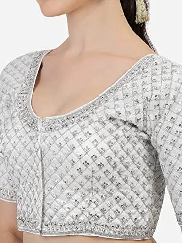 Pujia Mills Women's Heavy Silver Jari Thread Readymade Blouse for Saree Lehenga, White, 36 thumbnail 3