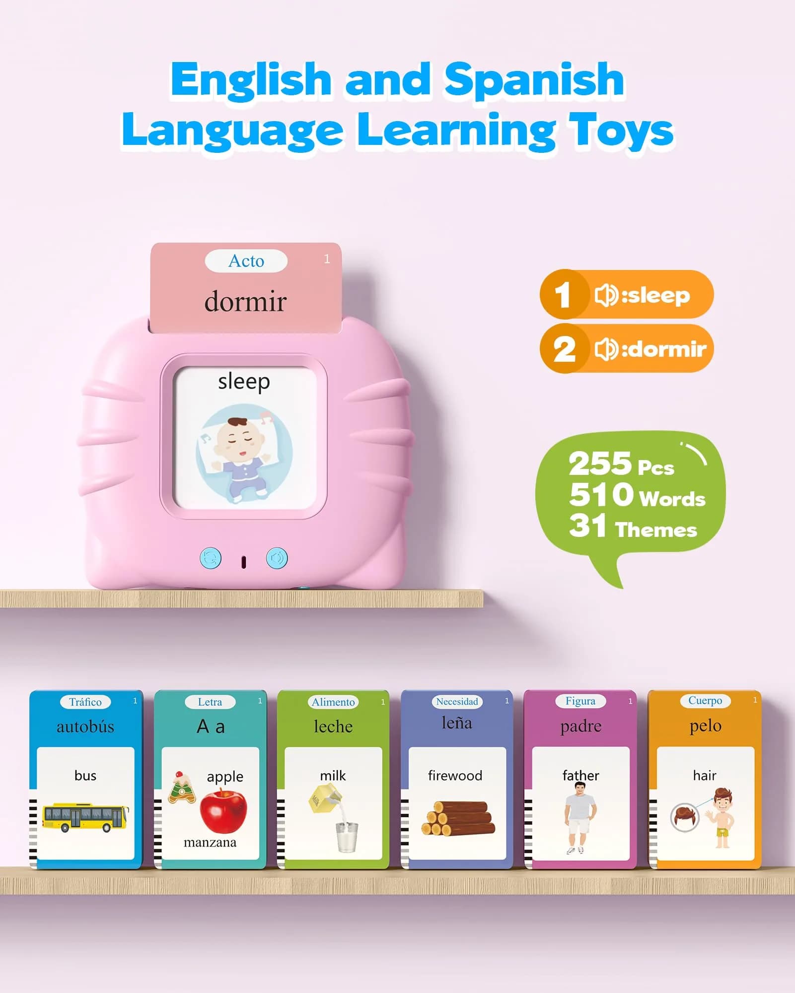 Airbition Bilingual Talking Flash Cards, 512 Words English Spanish Pink | Montessori Learning Toy for Toddlers - view 2