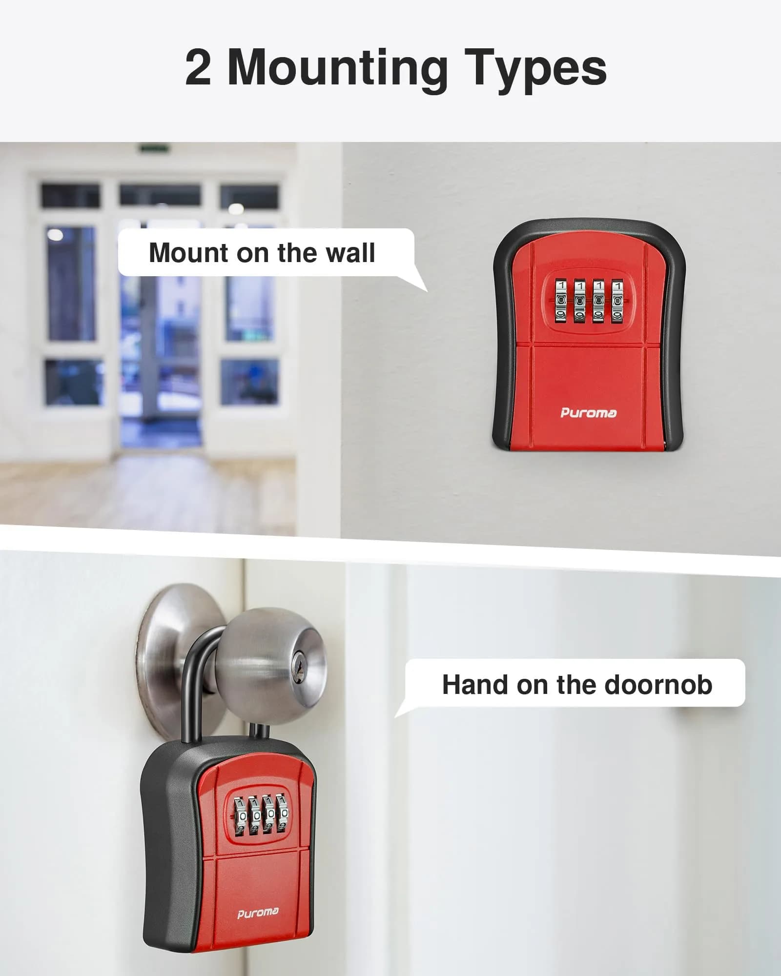 Puroma Red Key Lock Box Outdoor 4 Digit Combination Lockbox | Wall Mounted & Hangable - view 2