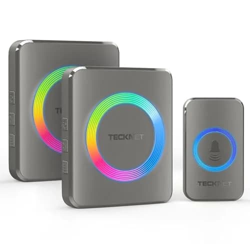 TECKNET Wireless Doorbell Kit with 2 Plug-in Receivers, 1300 ft Range, IP65 Waterproof, 60 Chimes & 5 Volume Levels, RGB Light, Grey thumbnail 1