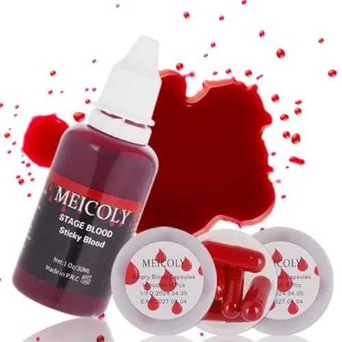 MEICOLY SFX Makeup Kit with Scar Wax & Fake Blood Spray, 7-Piece Set | Realistic Wound & Scar Effects for Special Occasions — 1 pcs Edible Fake Blood with 12 Capsules