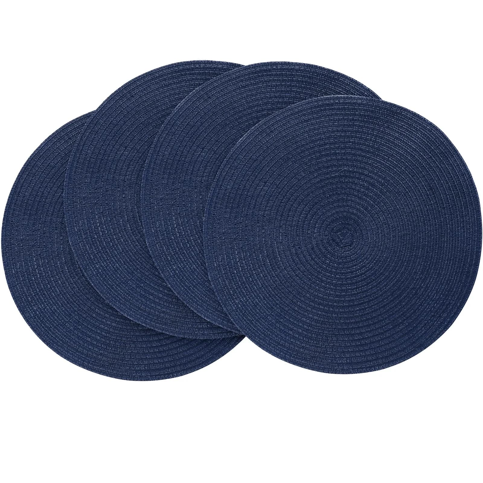 Floroom Navy Blue Braided Round Placemats Set of 4 | 38 cm (15 Inch) Diameter | Washable Heat Resistant Cotton Polyester Circle Place Mats for Kitchen Dining Table