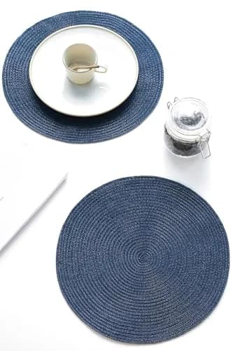 Floroom Navy Blue Braided Round Placemats Set of 4 | 38 cm (15 Inch) Diameter | Washable Heat Resistant Cotton Polyester Circle Place Mats for Kitchen Dining Table thumbnail 4