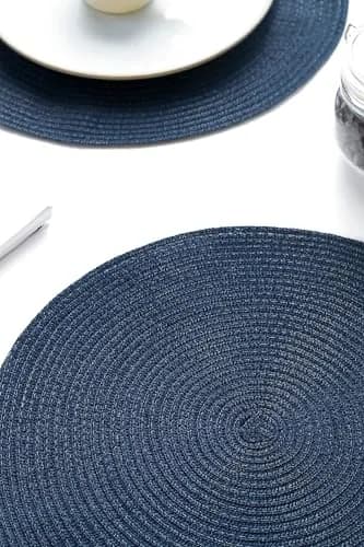 Floroom Navy Blue Braided Round Placemats Set of 4 | 38 cm (15 Inch) Diameter | Washable Heat Resistant Cotton Polyester Circle Place Mats for Kitchen Dining Table thumbnail 5