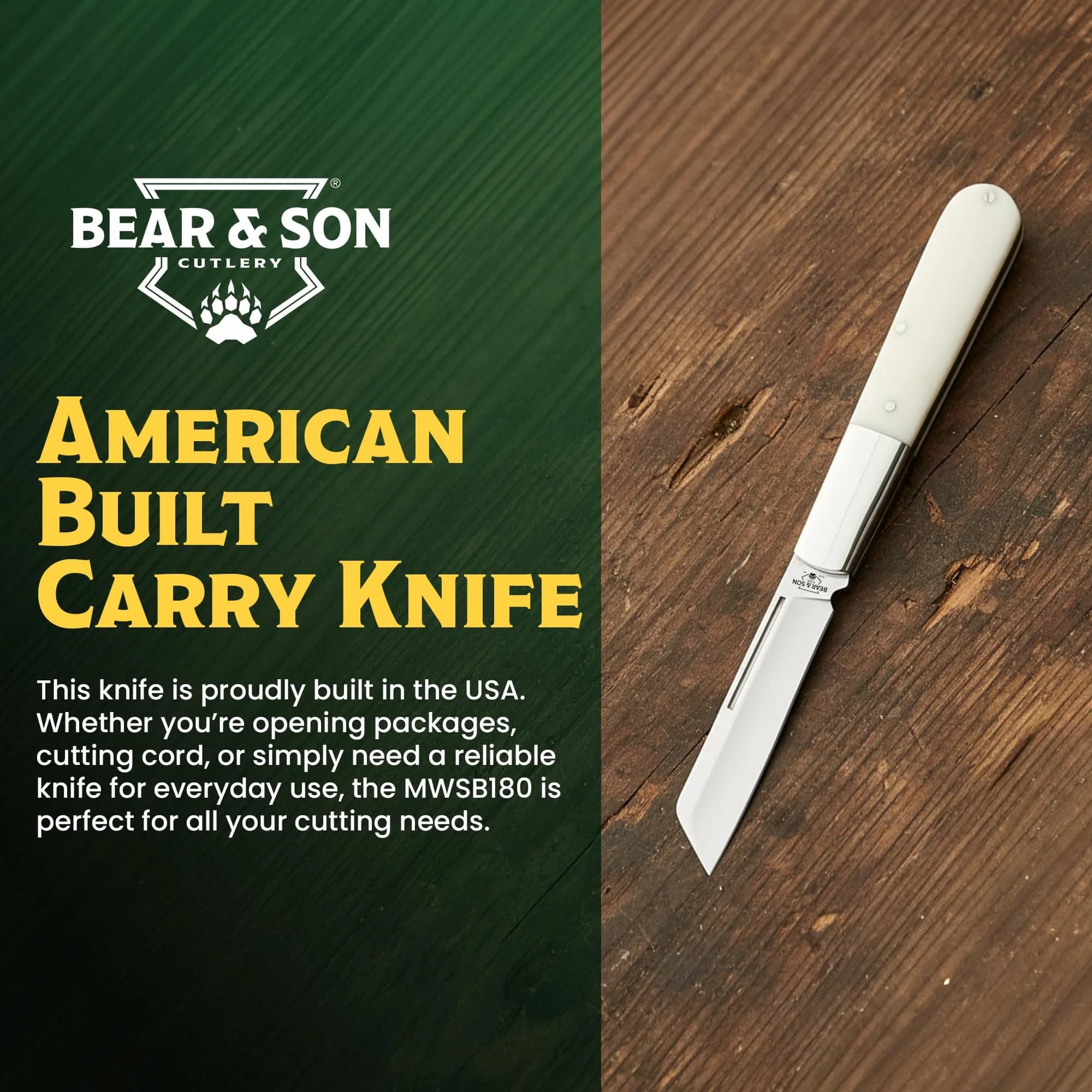 Bear & Son Barlow Pocket Knife 2-3/4" Sheepsfoot Blade | High Carbon Stainless Steel, White Bone Handle, Made in USA thumbnail 7
