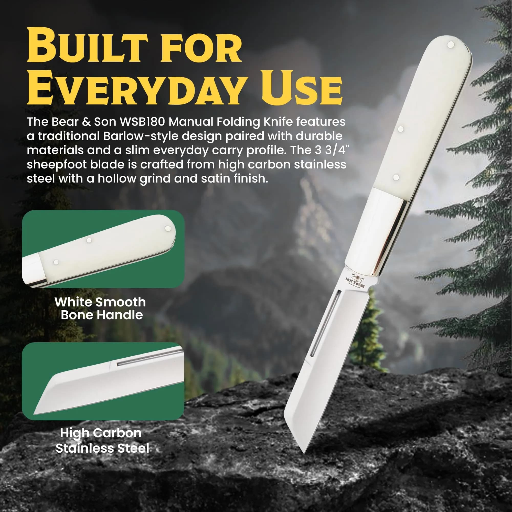 Bear & Son Barlow Pocket Knife 2-3/4" Sheepsfoot Blade | High Carbon Stainless Steel, White Bone Handle, Made in USA thumbnail 2