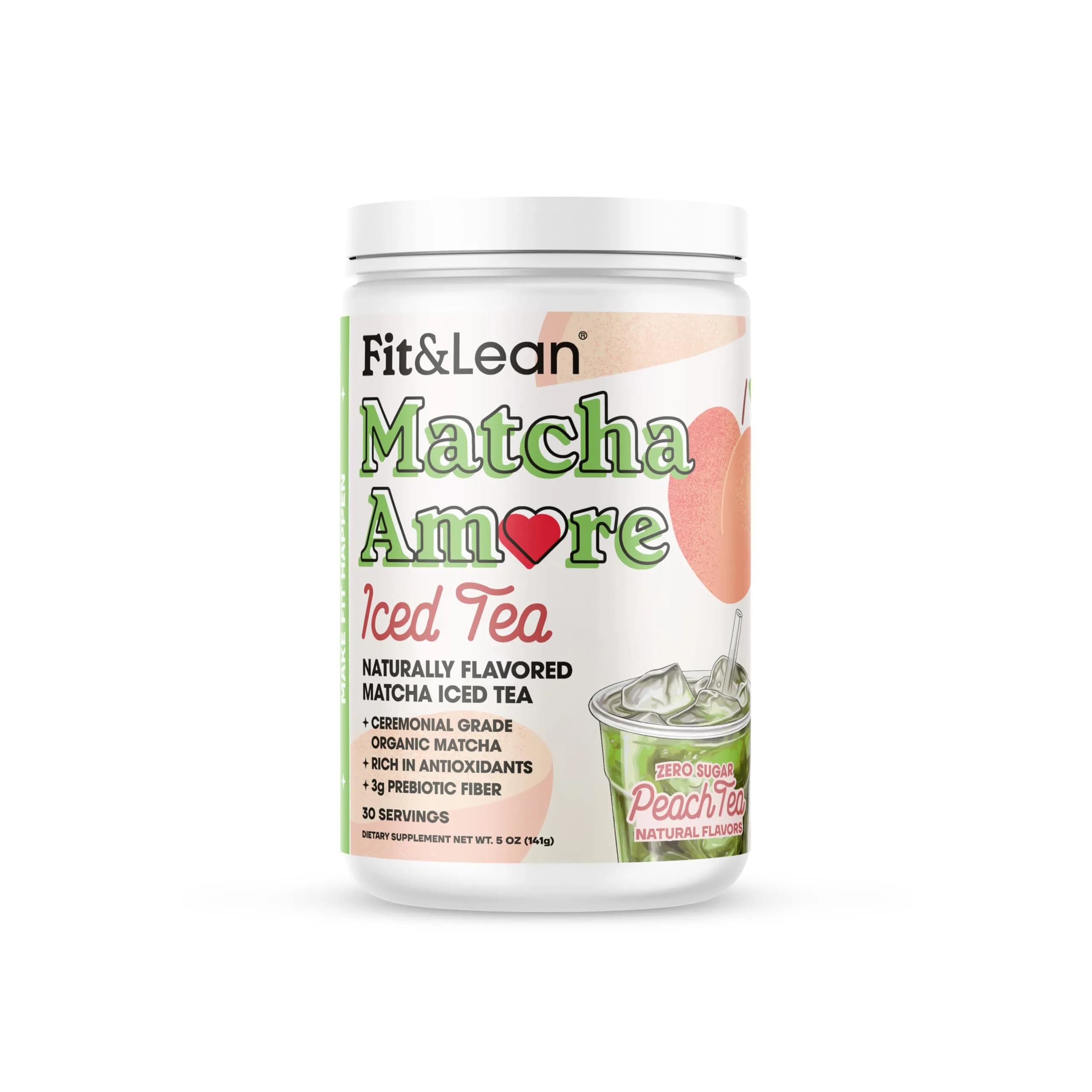 Fit & Lean Matcha Amore Iced Tea Peach 30 Servings | Organic Ceremonial Grade Matcha Green Tea, Naturally Sweetened, Zero Sugar