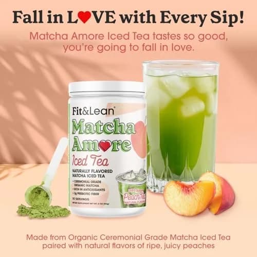 Fit & Lean Matcha Amore Iced Tea Peach 30 Servings | Organic Ceremonial Grade Matcha Green Tea, Naturally Sweetened, Zero Sugar thumbnail 2