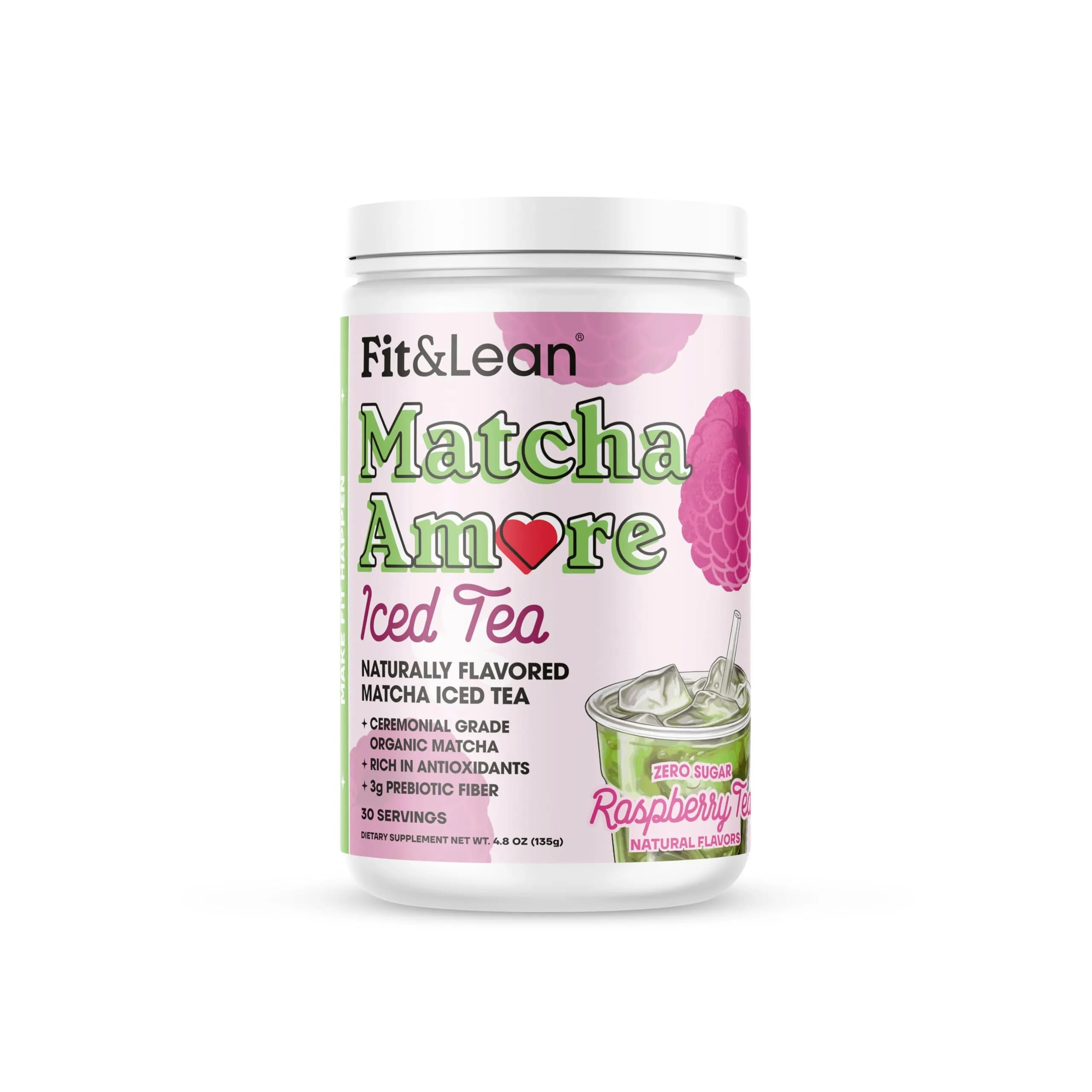 Fit & Lean Matcha Amore Iced Tea, Raspberry Flavor, 30 Servings | Organic, Vegan, Gluten-Free, Supports Gut & Focus — 30 Serving