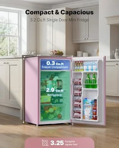 Upstreman Mini Fridge Pink 3.2 Cu.Ft | Space-Efficient Dorm & Office Cooler thumbnail 2