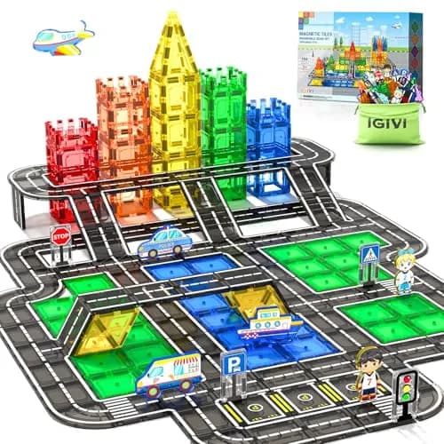 IGIVI 104 PCS Magnetic Tiles Road Set | STEM Magnetic Building Toys for 3+ Year Old Boys & Girls thumbnail 1