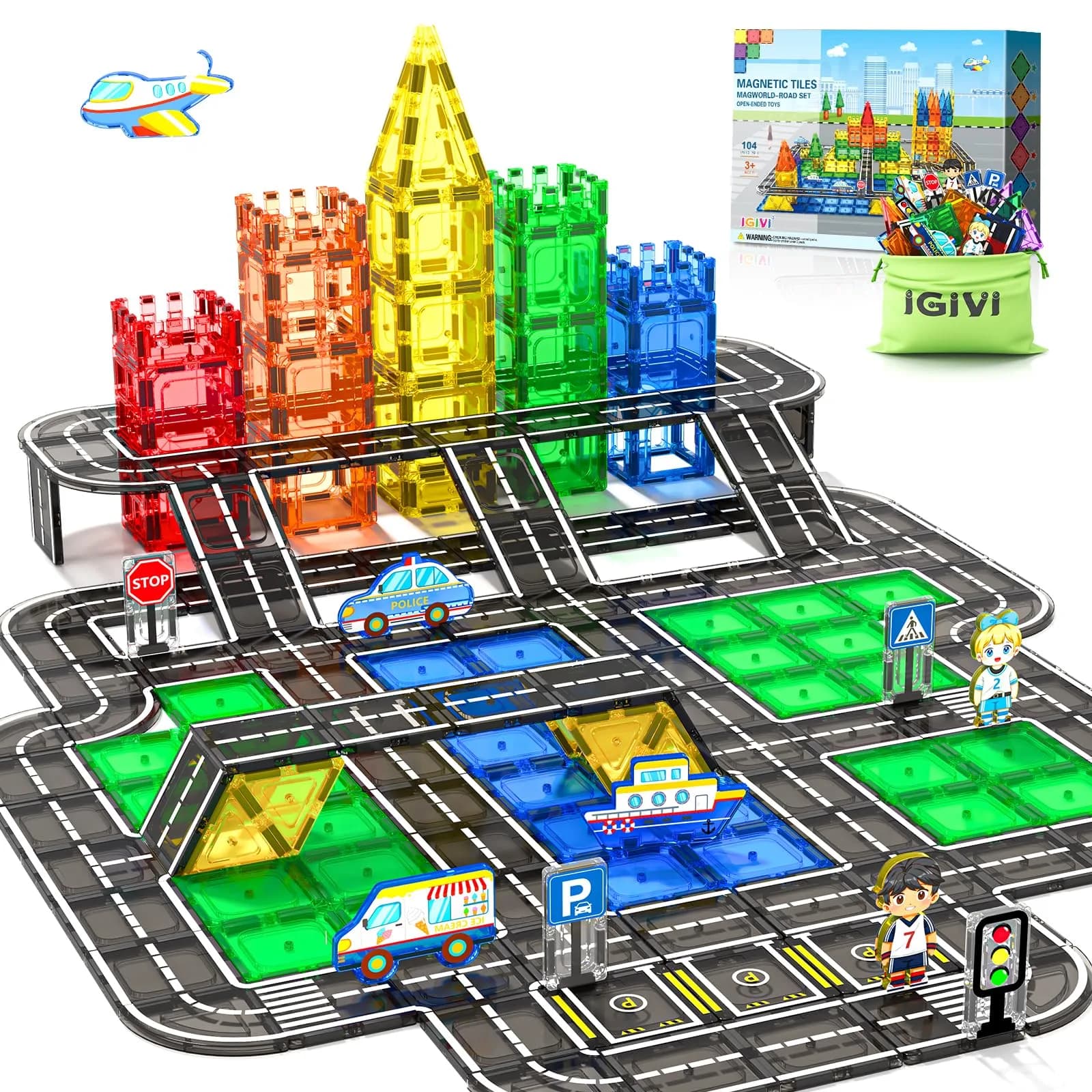 IGIVI 104 PCS Magnetic Tiles Road Set | STEM Magnetic Building Toys for 3+ Year Old Boys & Girls
