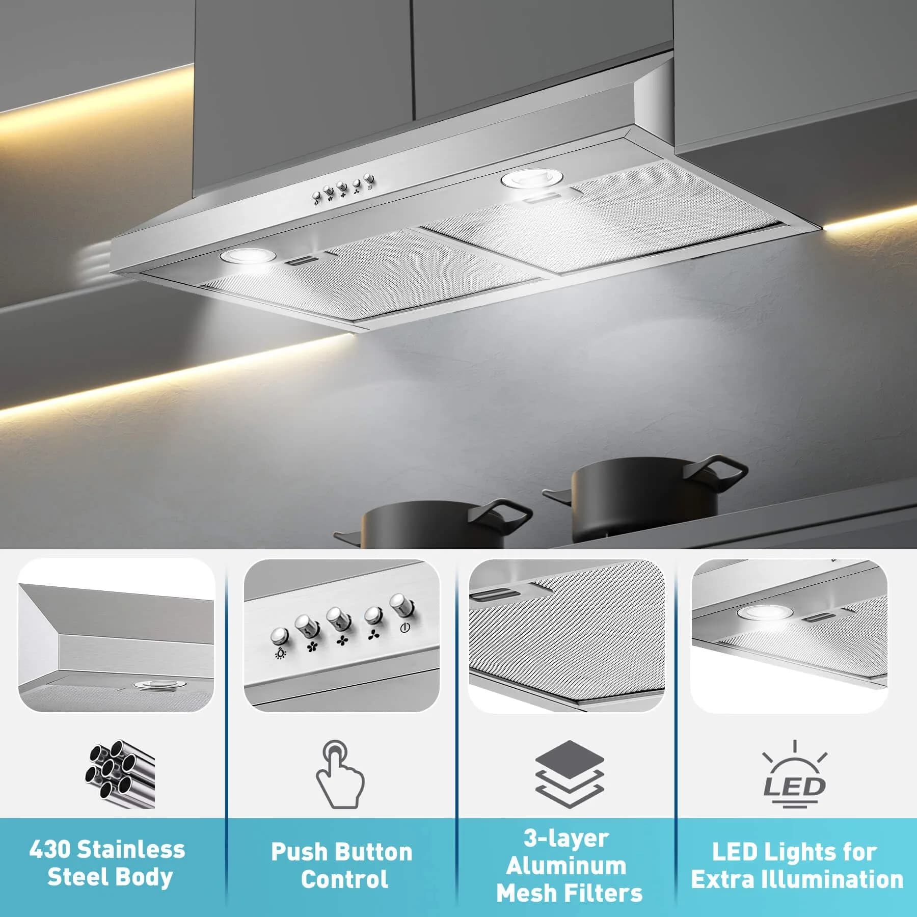 SNDOAS 30 Inch Under Cabinet Range Hood - Silver | 700 CFM Baffle Filter | 220V Compatible - view 2