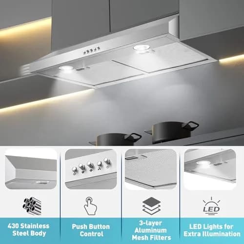 SNDOAS Under Cabinet Range Hood 76.2cm (30 inch) | 700 CFM Stainless Steel Kitchen Exhaust Hood with 3-Speed Fan & LED Lights thumbnail 2